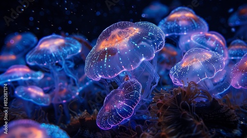 Neon Marine Life Bioluminescent Organisms: A photo of neon-colored bioluminescent organisms