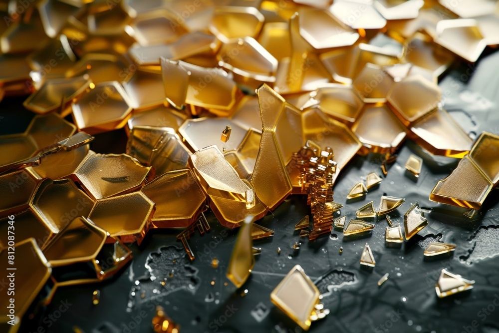 A shattered honeycomb pattern with golden shards of wax, conveying fragility and destruction A shattered honeycomb pattern with golden shards of wax, conveying fragility and destruction