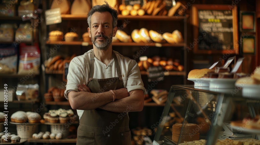 Portrait of a male owner of a bakery shop. Small business concept. hyper realistic 