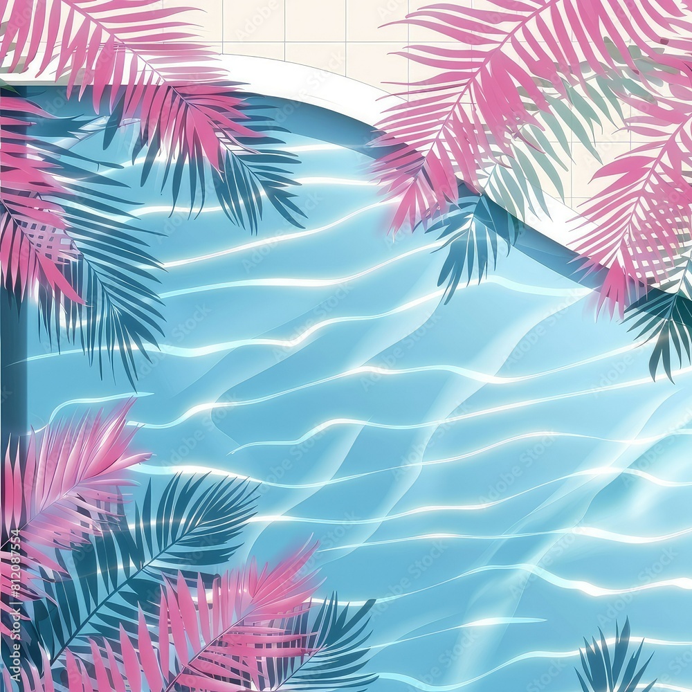 Retro tropical swimming pool background with pink and white color.