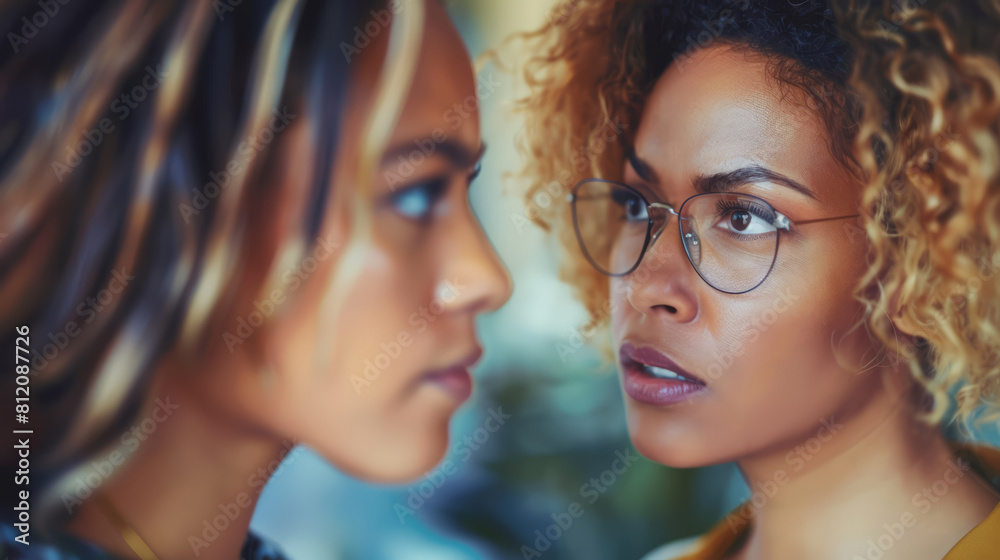 Obraz premium Two women are looking at each other with one wearing glasses