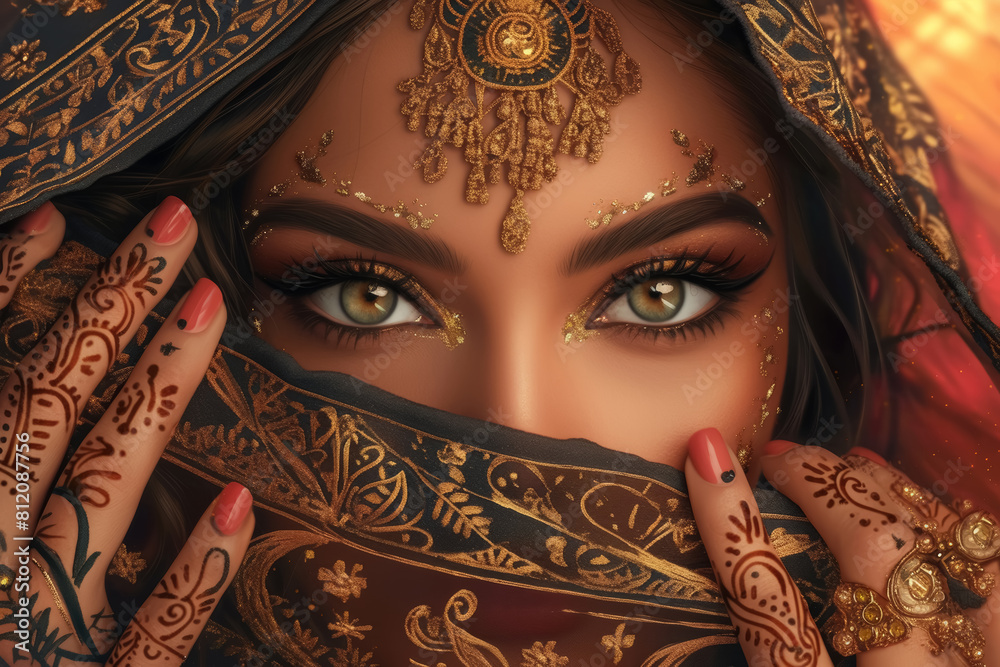 Enchanting Beauty Portrait Featuring Traditional Henna Designs and Kohl-Adorned Eyes Enchanting Beauty Portrait Featuring Traditional Henna Designs and Kohl-Adorned Eyes