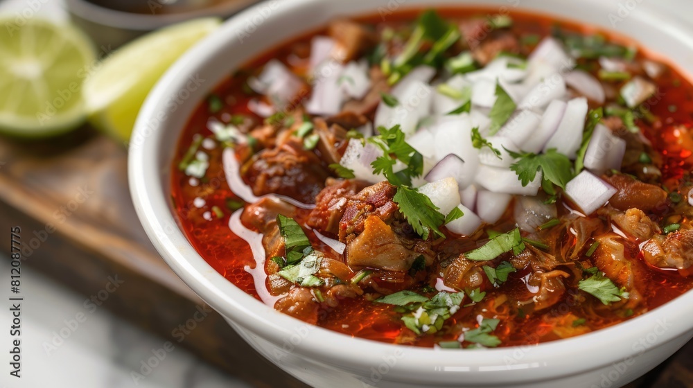 Red Menudo: Authentic Mexican Tripe Stew with Cilantro, Onion, and Lime in White Bowl. Traditional Red Menudo: Authentic Mexican Tripe Stew with Cilantro, Onion, and Lime in White Bowl. Traditional