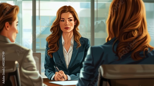 Presentation, vision, strategy . The female leader. Discussing business plan. Vector illustration hyper realistic and realistic colors  photo
