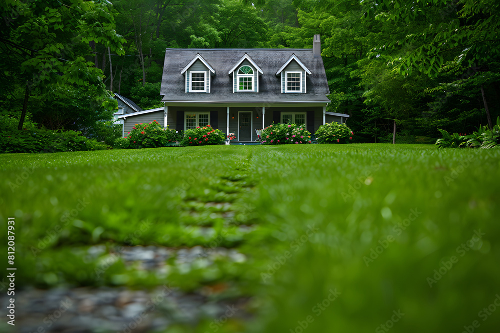 House Amid Verdant Field. Generative by AI House Amid Verdant Field. Generative by AI
