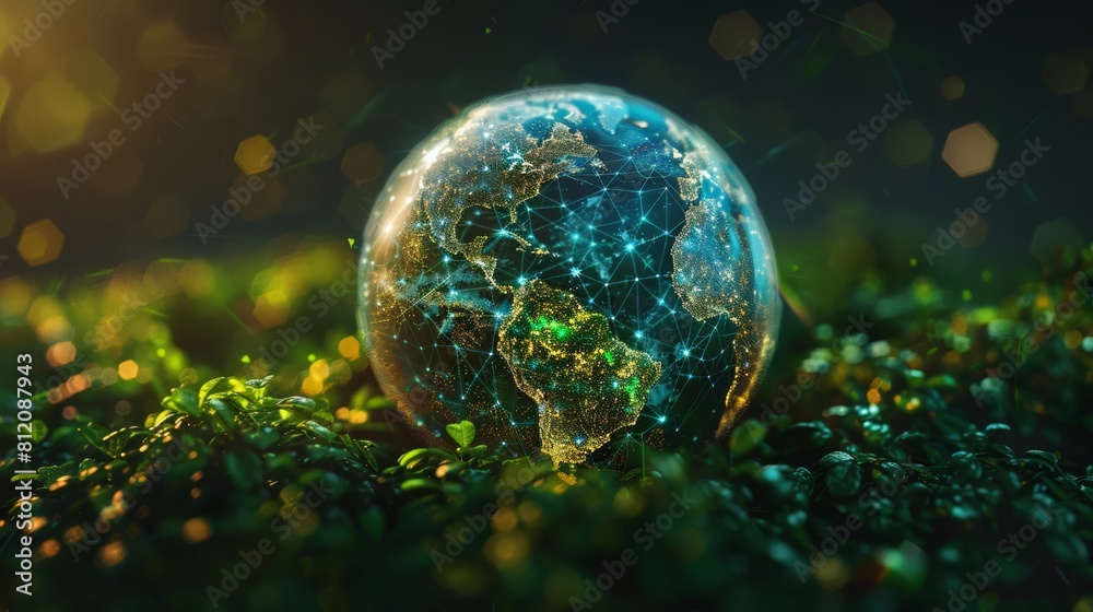 A globe with a green and blue color is placed on a green grass A globe with a green and blue color is placed on a green grass