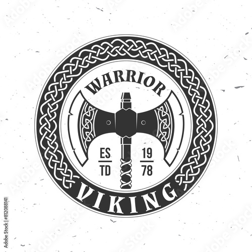 Viking warrior logo, badge, sticker. Vector illustration. For emblems, labels and patch. Double Axe Medieval Weapon, vintage monochrome style