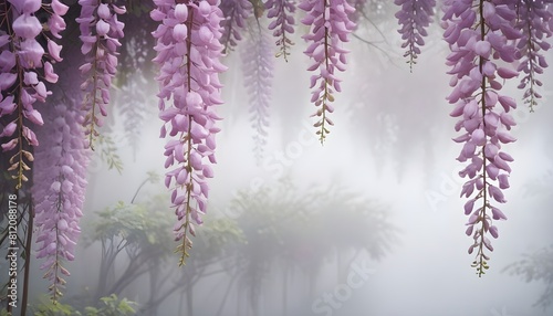 wisteria flowers hanging over a misty  blurred background