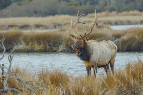 Tule Elk Bull in Windy California Marshland: Wild Mammal with Majestic Antlers Among Reeds photo