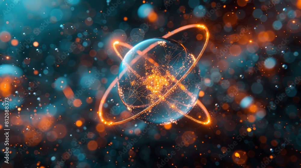 Atom, structure and research, atomic structure, 3D illustration of a nanostructured nucleus, Digitalization of science, Physics and high technology. Atom, structure and research, atomic structure, 3D illustration of a nanostructured nucleus, Digitalization of science, Physics and high technology.