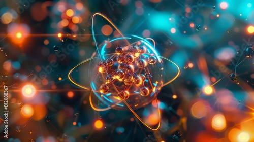 Atom, structure and research, atomic structure, 3D illustration of a nanostructured nucleus, Digitalization of science, Physics and high technology.