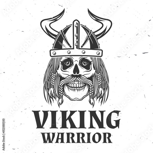 Viking warrior logo, badge, sticker. Vector illustration. For emblems, labels and patch. Monochrome style viking in helmet.