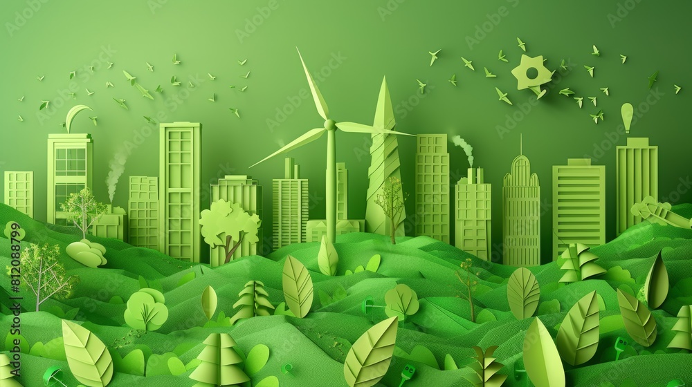 Green eco friendly city background, Paper art of ecology and environment concept. Green industry and alternative renewable energy sources.
