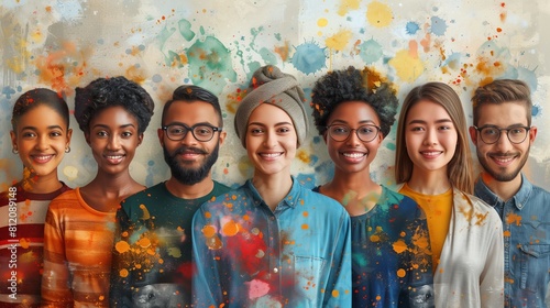 Diverse group of young adults smiling on paint splattered background photo