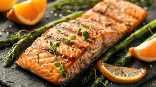 Grilled Coho Salmon Filet with Asparagus. Fresh and Healthy Orange Cooked Salmon with Green