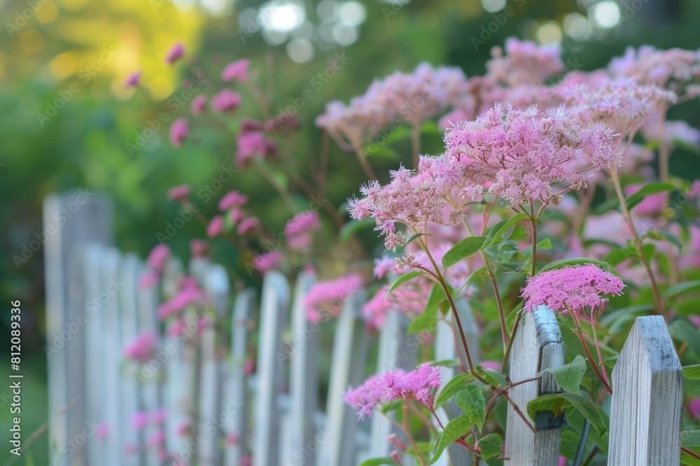Obraz premium Pink Perennial Joe-Pye Weed in Native Garden with Fence Background