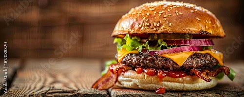 Tasty homemade burger with crispy bacon and vegetables on a rustic serving board photo