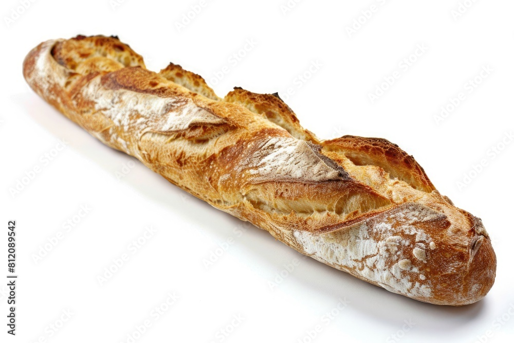 Baguette: Traditional French Bread, Perfect for Epicureans. Isolated on a White Background Baguette: Traditional French Bread, Perfect for Epicureans. Isolated on a White Background