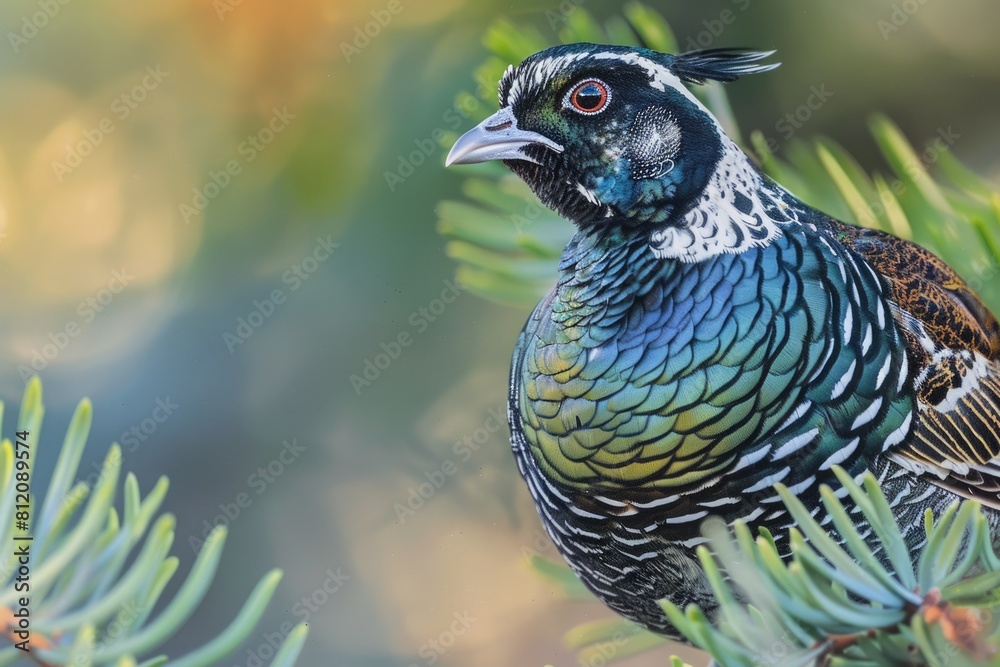 Obraz premium Portrait of a Watchful Gambels Quail: Closeup View of Black, White, and Green Feathers