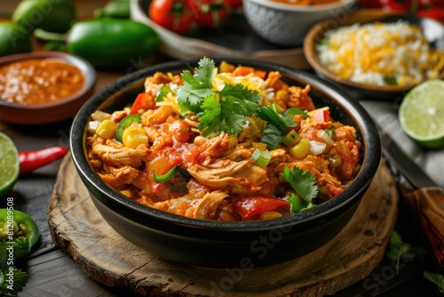 Colourful Mexican Chicken Tinga Dish with an American Twist in Background for Culinary Cookery photo