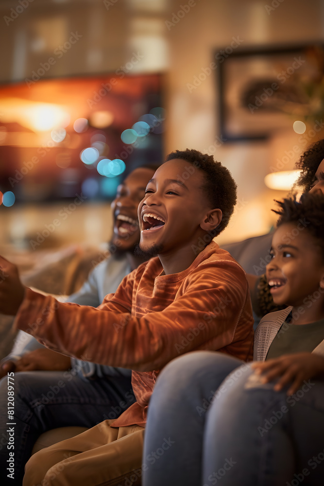 Happy family enjoying a humorous or exciting moment together while watching TV in a cozy living room Happy family enjoying a humorous or exciting moment together while watching TV in a cozy living room