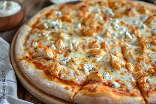 Baked Buffalo Chicken Pizza with Blue Cheese and Delicious Crust. Perfect Dinner Idea for Cheesy
