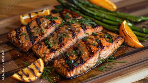 Grilled Coho Salmon Filet with Asparagus. Fresh & Healthy Orange Cooked Seafood Dish on Green photo