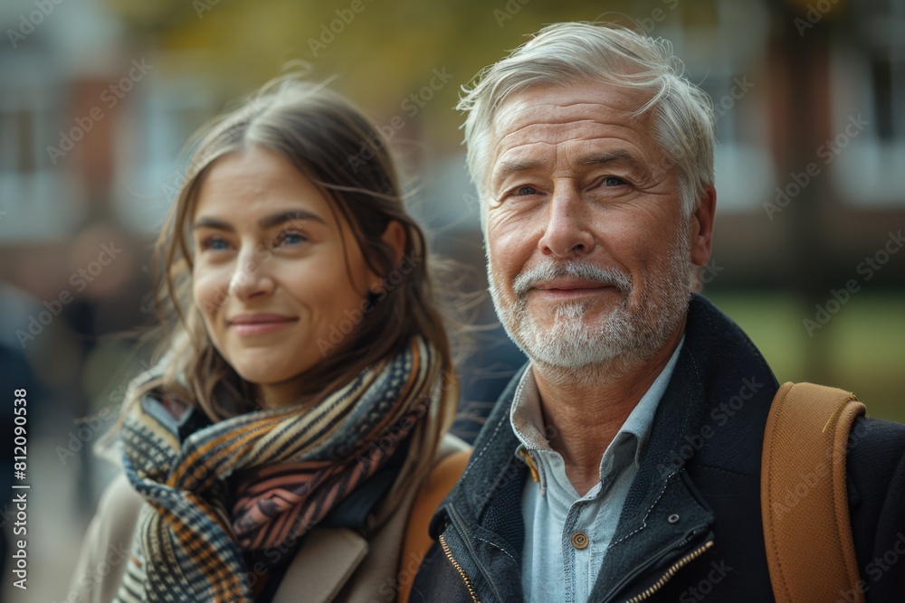 An elderly Caucasian man with a thoughtful expression and a young woman smile as they walk together in a bustling urban environment. An elderly Caucasian man with a thoughtful expression and a young woman smile as they walk together in a bustling urban environment.