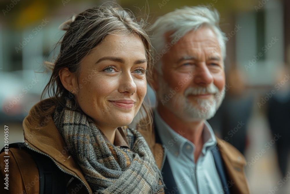 An elderly Caucasian man with a thoughtful expression and a young woman smile as they walk together in a bustling urban environment.