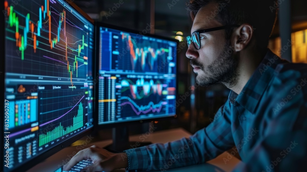 Businessman analyzing financial data and charts on a computer screen, investment strategies Businessman analyzing financial data and charts on a computer screen, investment strategies