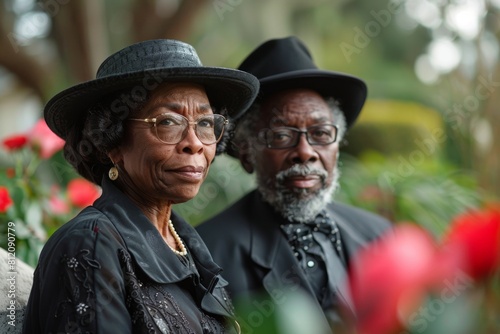 Two elderly African Americans, a man and a woman, in formal black attire and hats, pose together in a serene garden setting, surrounded by colorful flowers.