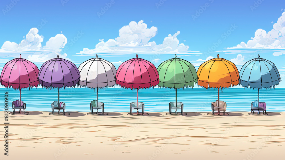 Row of Beach Umbrellas on Sandy Shore Row of Beach Umbrellas on Sandy Shore
