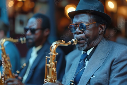 Two elderly African American men, dressed in stylish suits and hats, passionately play saxophones at a jazz bar.