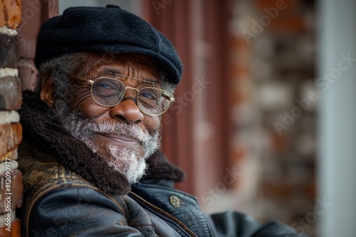 An elderly African American man wearing glasses and a stylish beret smiles warmly while sitting by a brick wall, exuding charm and wisdom.