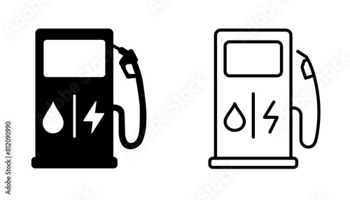 Hybrid Car Icon. Gas Station And Charging Station For Hybrid Cars. Bio Fuel Pump Vector Illustration. Electrical Car Charger Sign. Plug-in Hybrid Electric Vehicle. Petrol Pump Symbol