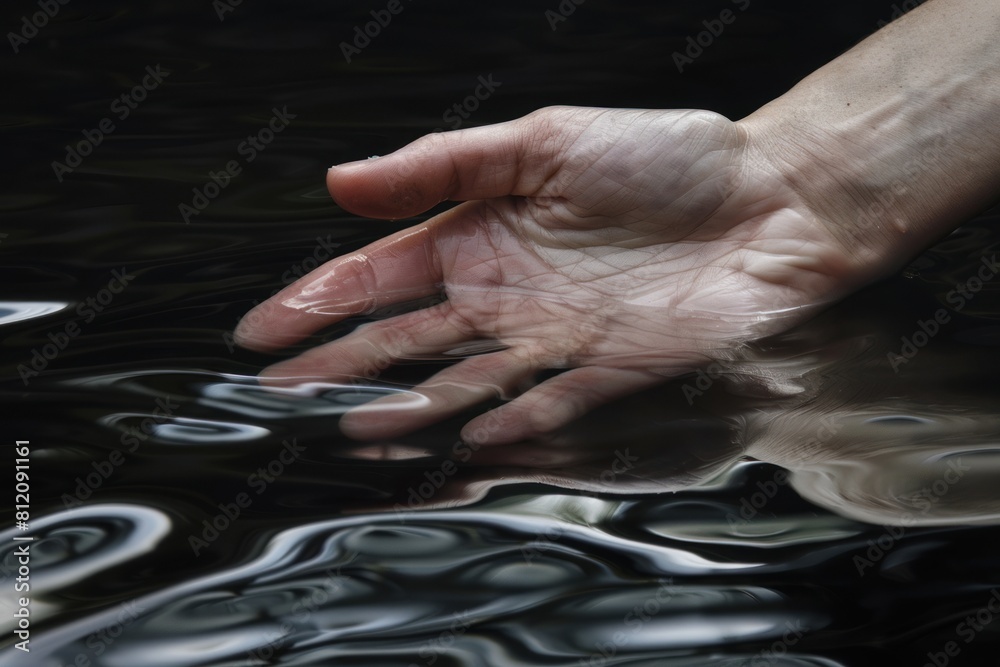 Fototapeta premium Close-up of a man's hand diving into clear water.