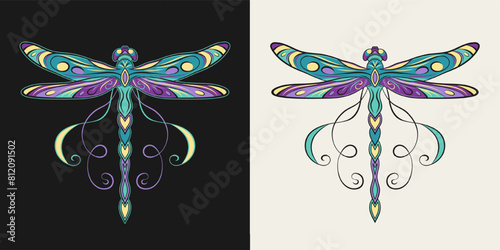 Fantasy colored dragonfly with curled antennae, stretched wings in Art Nouveau style. Single isolated colorful illustration in vintage style. Top view.