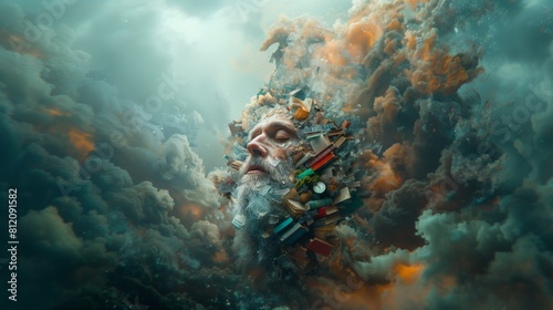 Surreal portrait of an old man with a head composed of books and objects floating in cloudy skies