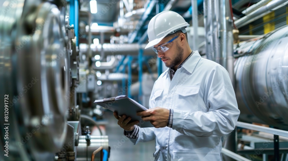 An engineer inspecting machinery and equipment in a production facility. An engineer inspecting machinery and equipment in a production facility.