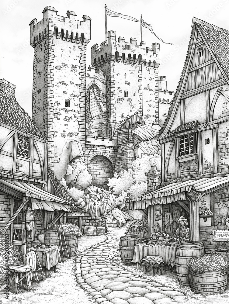 Fototapeta premium A digital drawing of a fantasy medieval town with a castle, shops, and people.