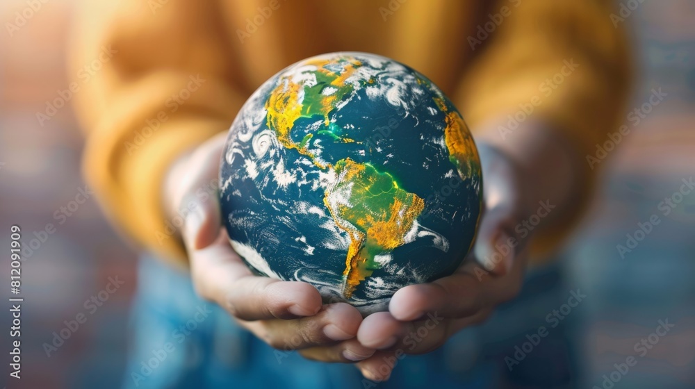 Close up a person holding a globe in their hands, global investment and sustainability opportunities Close up a person holding a globe in their hands, global investment and sustainability opportunities