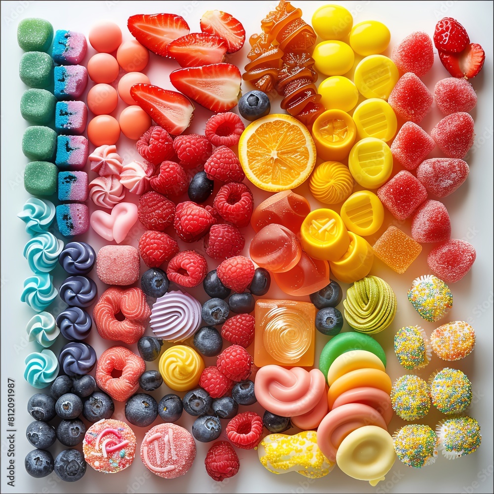 Fototapeta premium Sweet treats galore, rainbow colors, isolated on white, radiant lighting, top angle