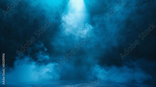 Stage with blue vector spotlight and dense smoke, diagonal view, surreal ambiance , hyper detailed photo