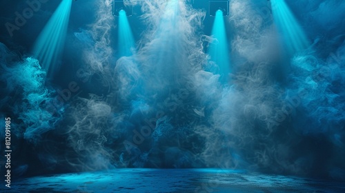 Stage with blue vector spotlight and dense smoke, diagonal view, surreal ambiance , hyper detailed