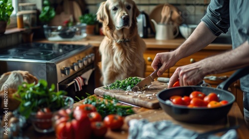 A dog owner preparing a BARF meal, chopping raw ingredients in a well-organized kitchen, with a pet dog watching eagerly photo