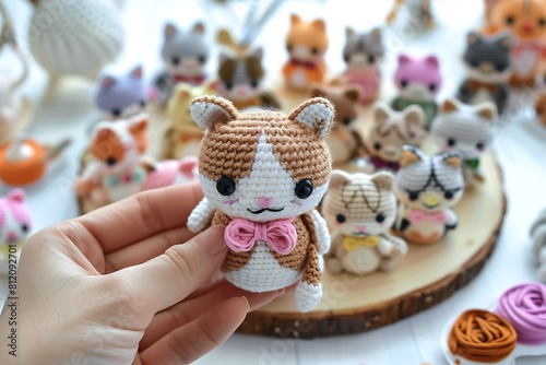 kitten amigurumi crochet, hobby knitting concept, handmade toy wallpaper, creative workshop banner, diy present