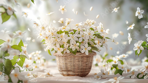 Jasmine flower petals fall from above in a basket with flowers on a white background (ID: 812092712)