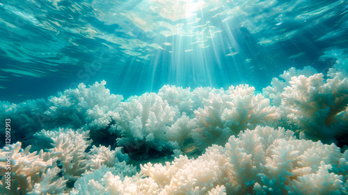 Bleaching coral reefs. An underwater scene of vibrant coral reefs turning white due to rising water temperatures photo