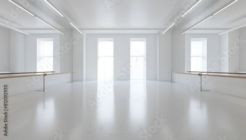 empty white ballet class with mirrow walls and ballet barre
