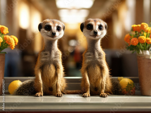 Funny meerkats, Suricata suricatta animals on the hotel reception. photo